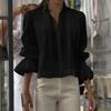 Women Shirt Lapel Long Sleeve Ruffle Cuffs Shirt Tops Pure Color Loose Fit Button Down Office Lady Summer