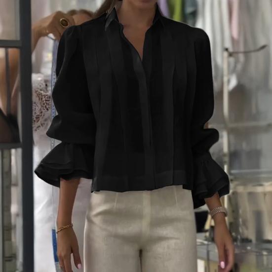 Women Shirt Lapel Long Sleeve Ruffle Cuffs Shirt Tops Pure Color Loose Fit Button Down Office Lady Summer