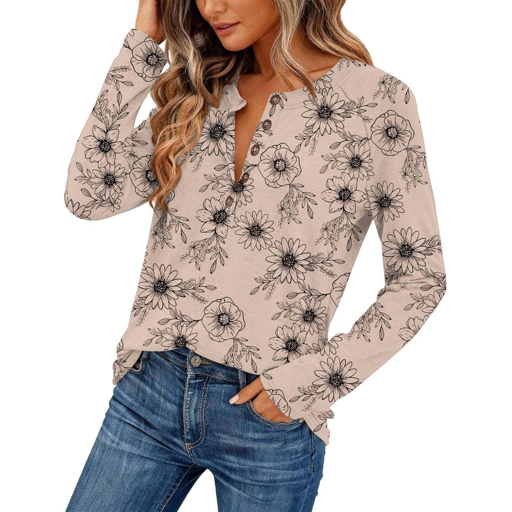Women's Fashionable Vintage Floral Print Round Neck Long-sleeved Top