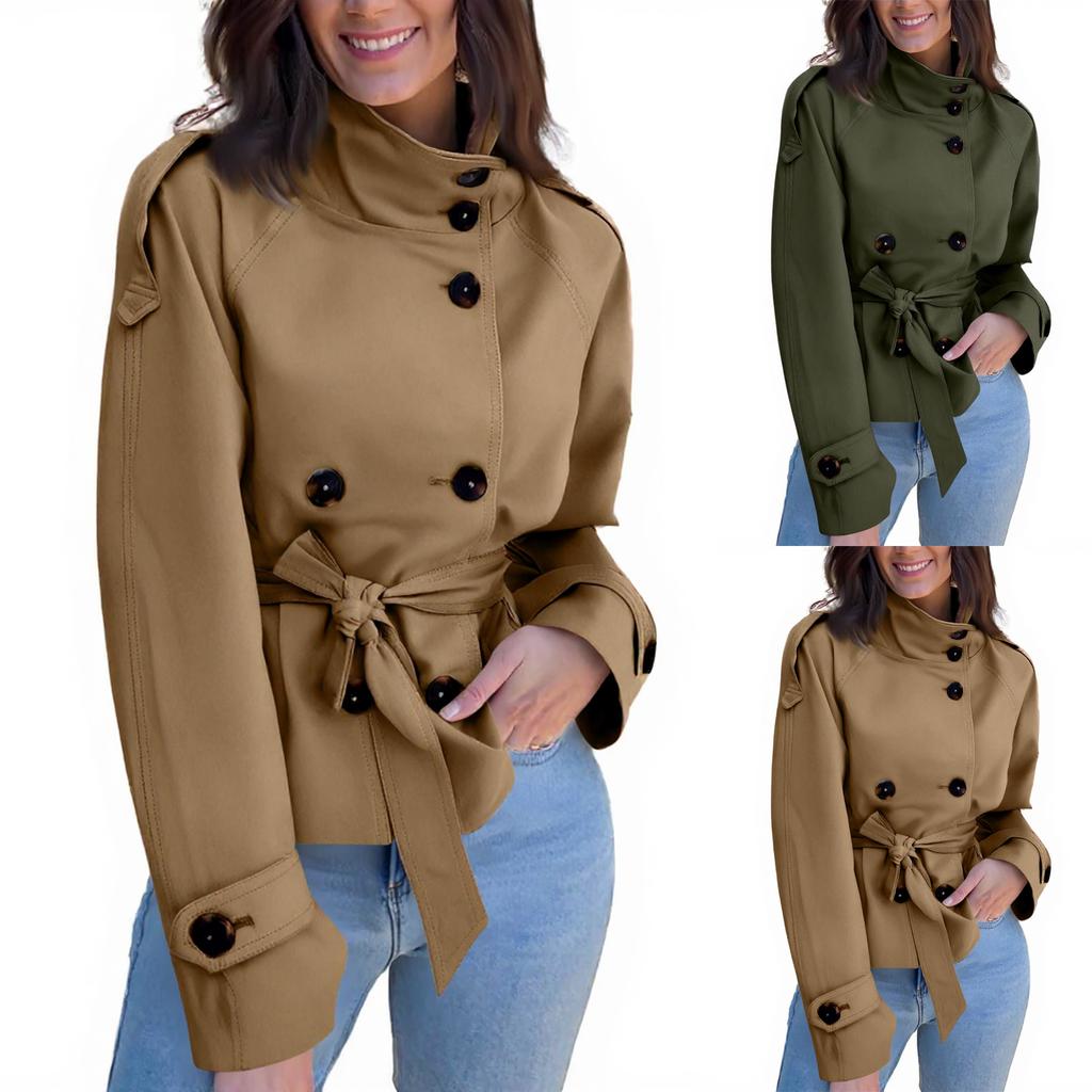Women's Fashion Stand Collar Double-Breasted Waist-Defining Belted Short Trench Coat