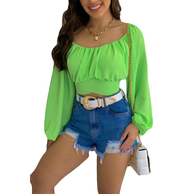 European & American Women's Off-the-Shoulder Lantern Sleeve Crop Top with Lace-Up Design