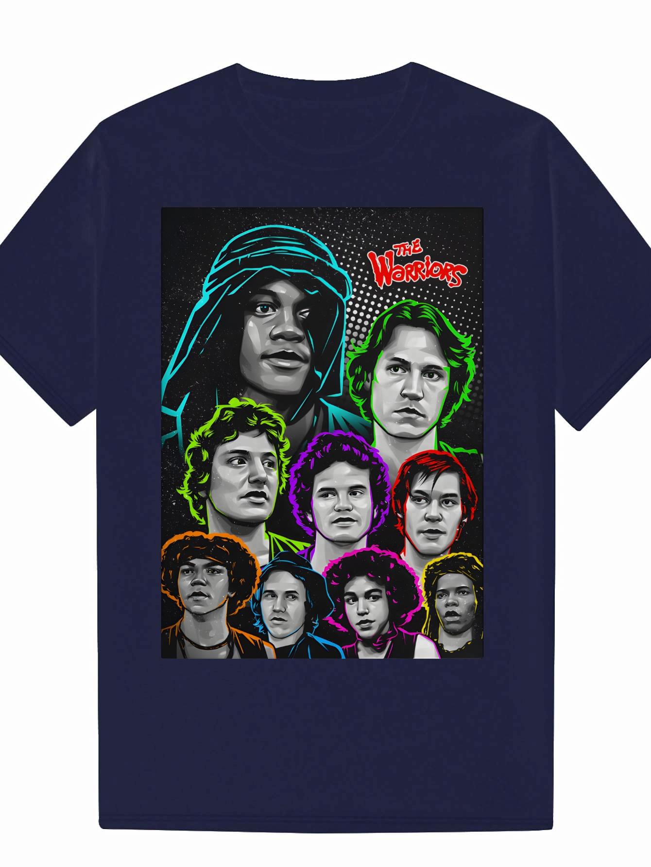 Crew Neck Polyester T-shirt with Vibrant Neon Portrait Design - The Warriors Graphic S