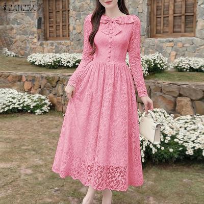Women Round Neck Long Sleeve Elegant Lace Dress