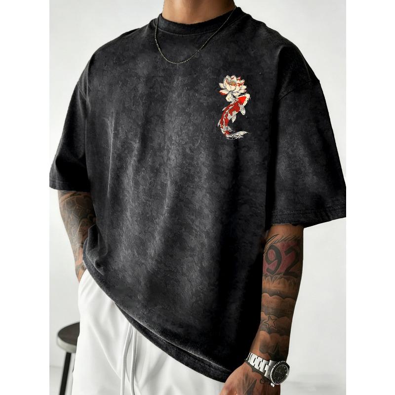 European sizes Men's Heavyweight Vintage T-Shirt - Koi Carp & for Lotus Back Print, Breathable Washed Fabric Suitable for Streetwear, Casual Outfits