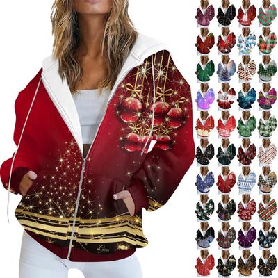 Women's Fashion Casual Christmas Print Long Sleeve Sweatshirt Pocket Jacket Zipper Hoodie Coat