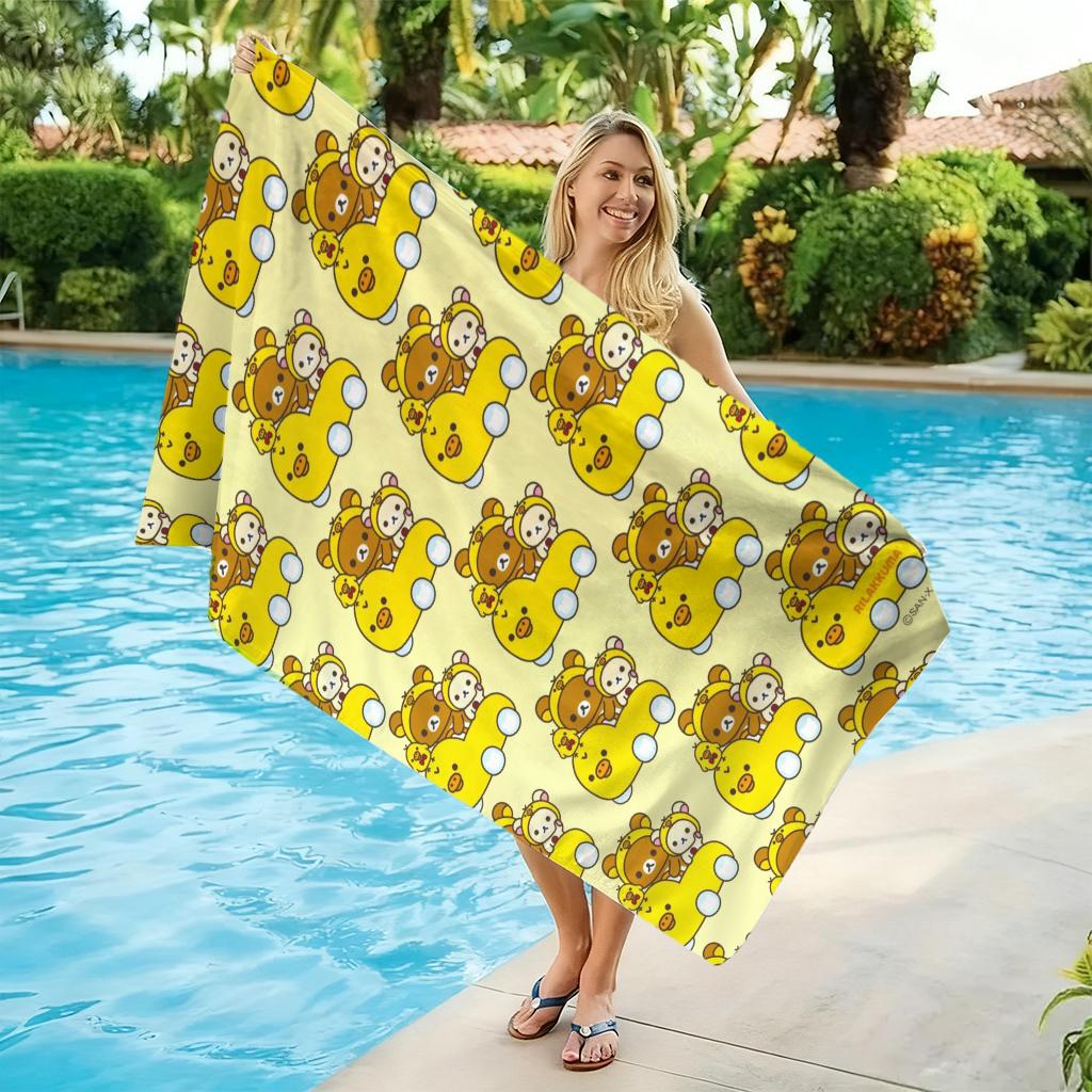 R-Rilakkuma & Friends Duck Car Printed Beach Towel, Cute Cartoon Quick Dry Microfiber Towel, Soft Absorbent Bath Towel