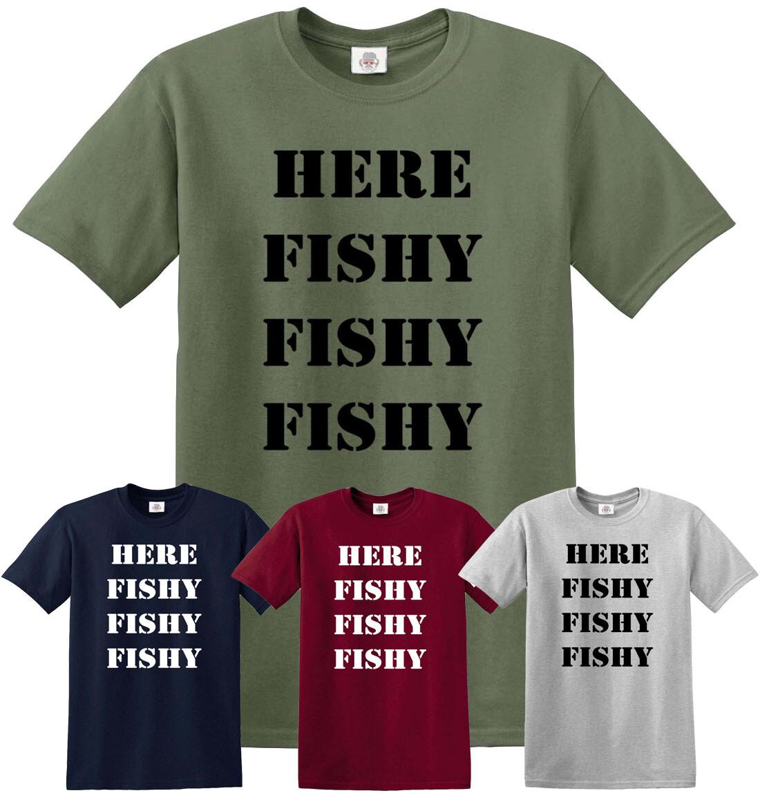 HERE FISHY FISHY FISHING T-shirt Rodfather Carp Hunter Crew Gift Father Angler S