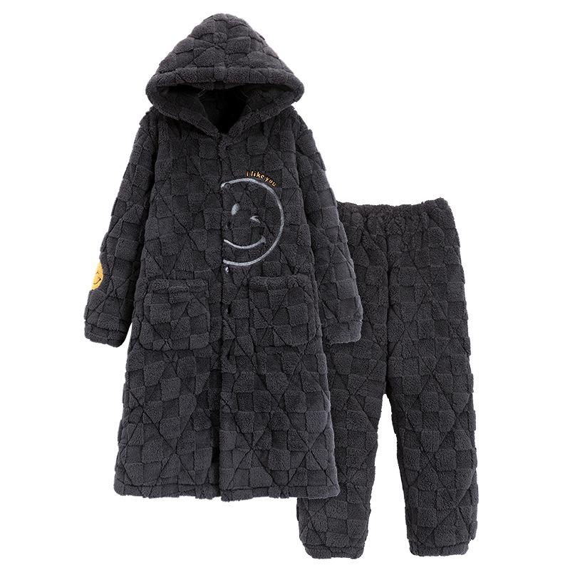 2024 Men's Quilted Winter Hooded Pajama Bathrobe - Warm, Thick Coral Fleece Outerwear