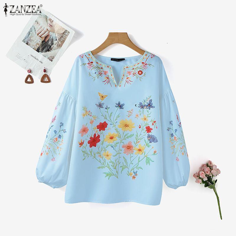ZANZEA Women Round Neck Long Sleeve Casual Floral Print Blouse