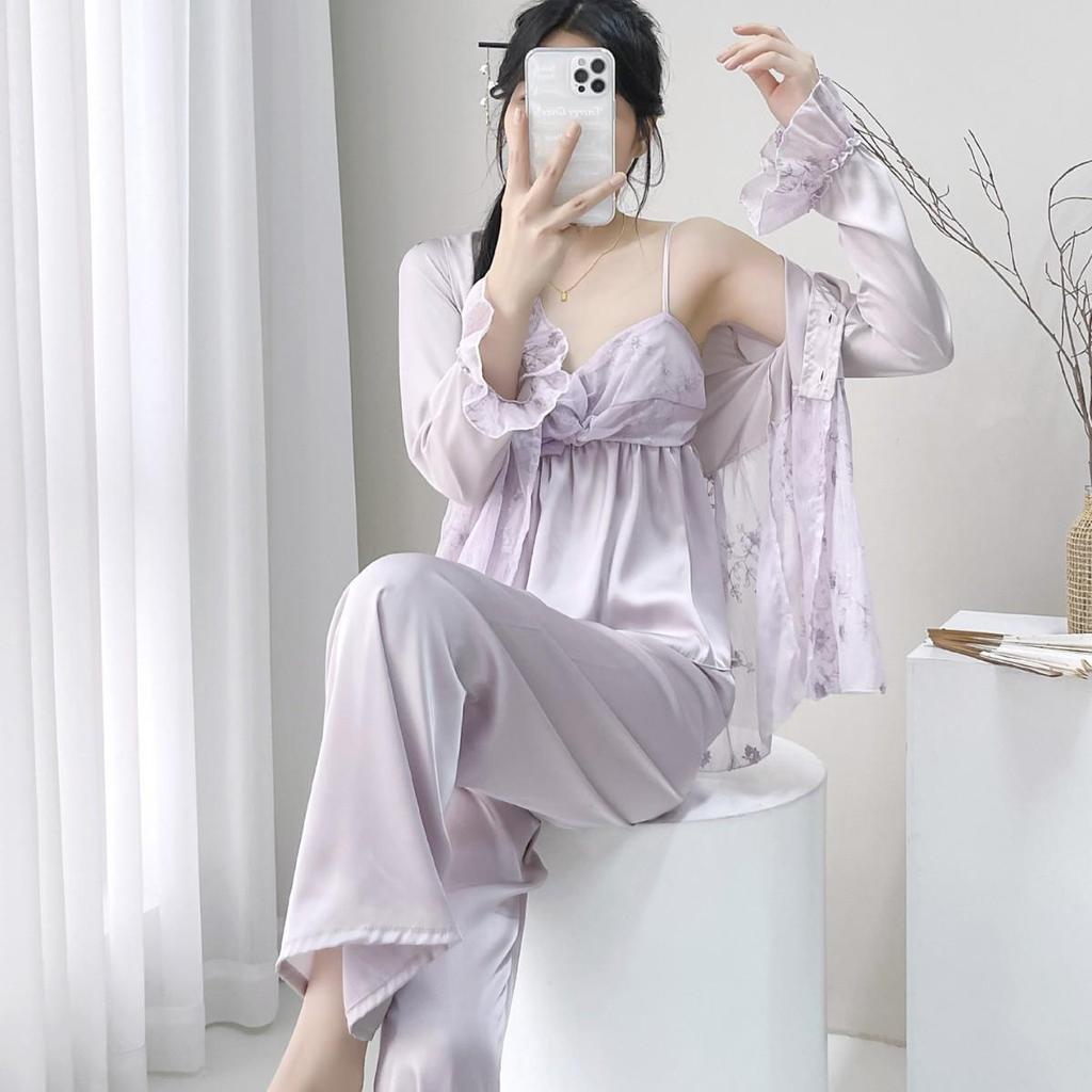 2025 Damen Spitzen Eisseiden Pyjama Dreiteiliges Set - Prinzessinnenstil Langarm & Hose für Zuhause oder Outdoor