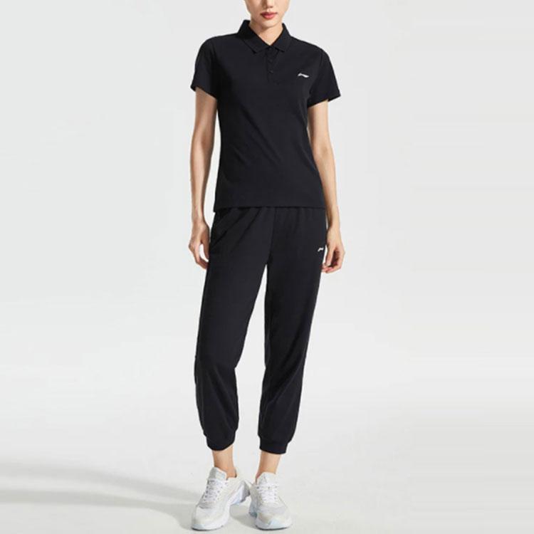 Li Ning Sports Lifestyle Series Logo Print Solid Color Cuffed Casual Sports Pants Women bottoms Black AYKS466-1