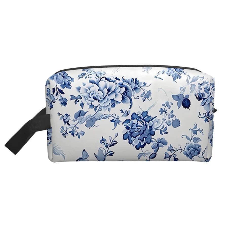 Large Portable Cosmetic Pouch with Zipper Closure Flower Pattern Toiletries Storage and Travel Makeup Bag Makeup Accessory Bag