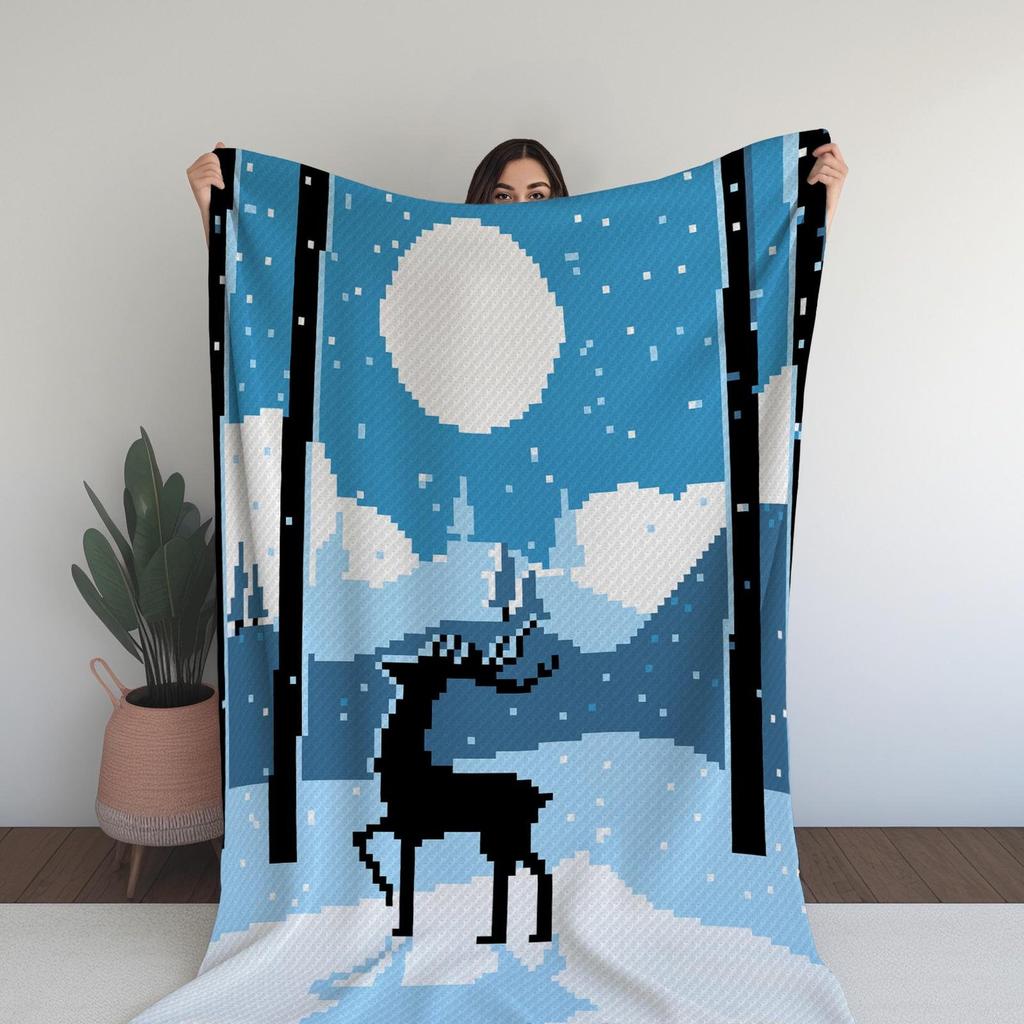 Reindeer Silhouette at Winter Time C2C Crochet Digital Pattern – Snowy Night Blanket