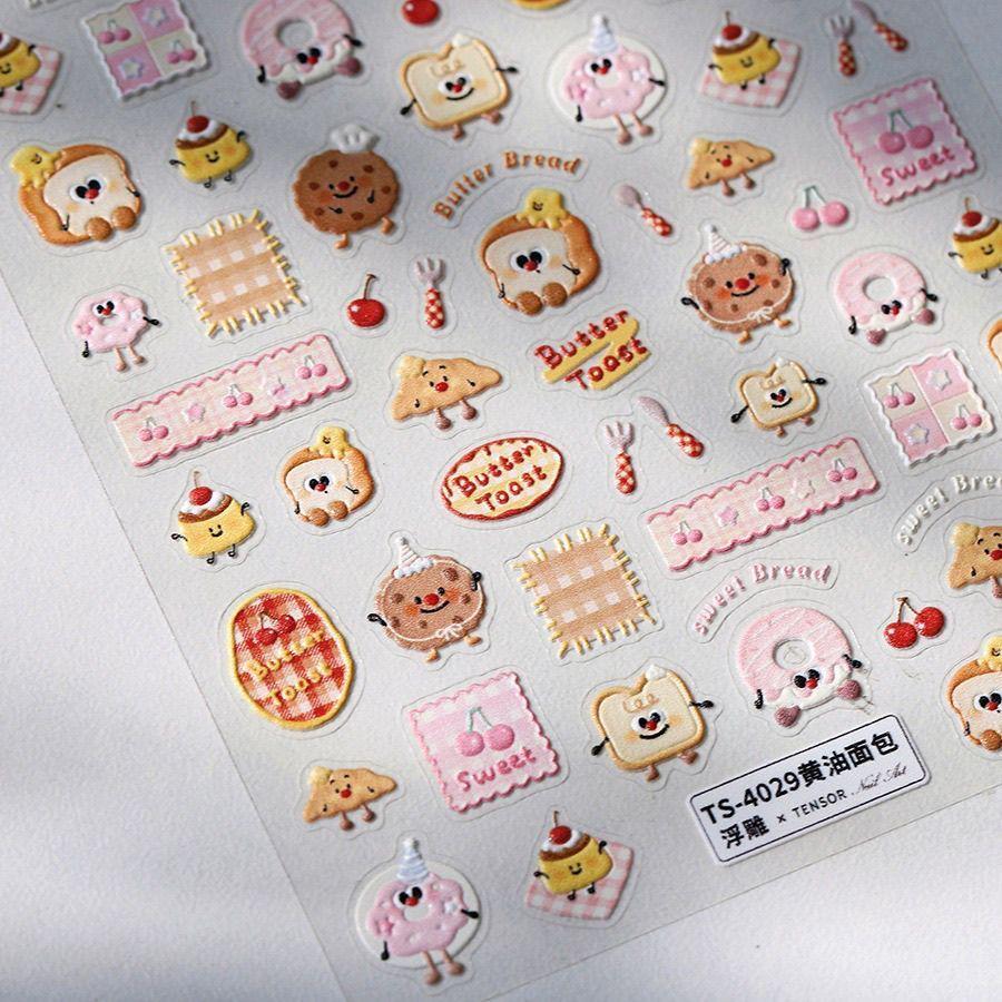 Butterbread 3D Embossed Cake Nail Art Stickers - Cute, Glue-Free DIY Decoration