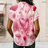 Plus Size Women Collared Short Sleeve Blouse Sparkling Pink Diamond Heart Print Button Front Casual Summer Top