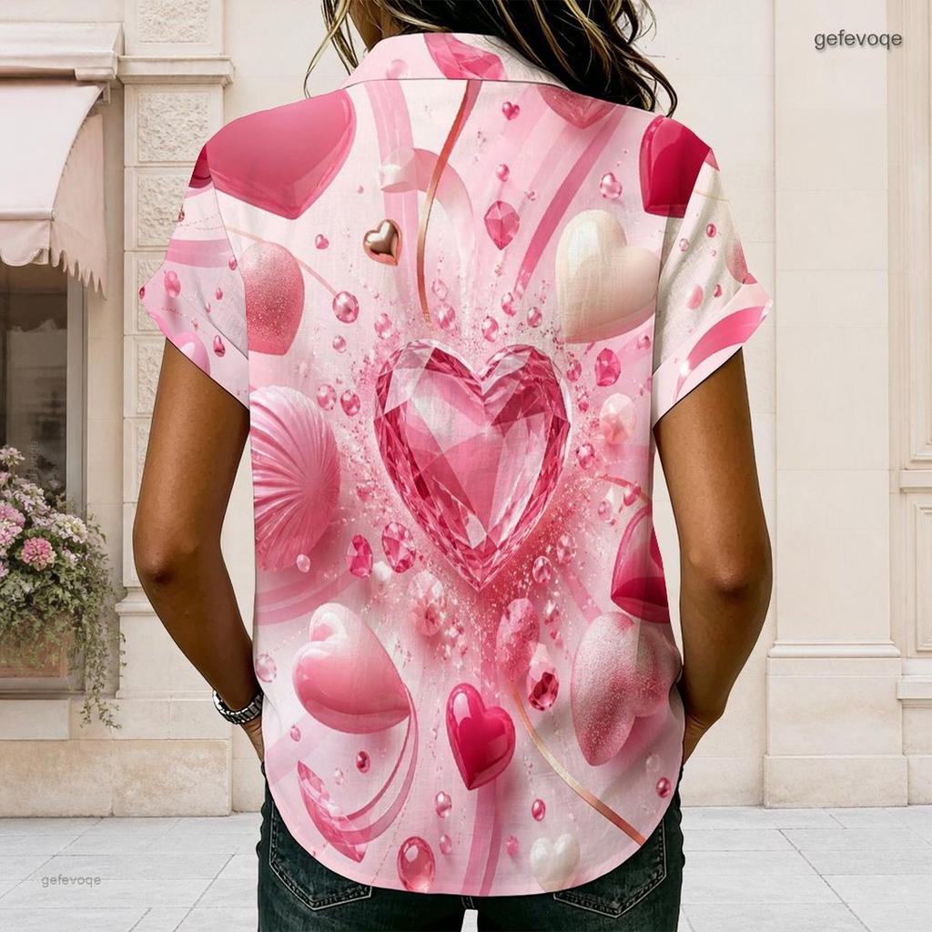 Plus Size Women Collared Short Sleeve Blouse Sparkling Pink Diamond Heart Print Button Front Casual Summer Top