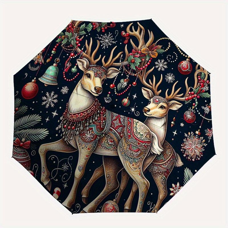 Christmas, Reindeer Themed Automatic Opening and Closing Umbrella Creative Design Umbrella, Portable Tri Fold Small Umbrella for Men and W
