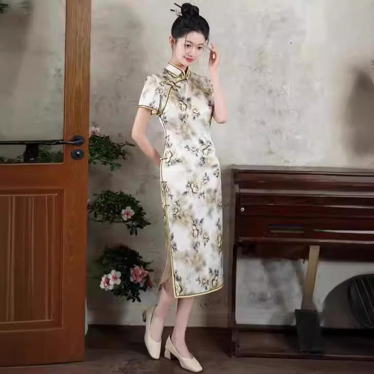 High-end silk cheongsam summer women's 1011 new daily retro improved new Chinese style mulberry silk dress