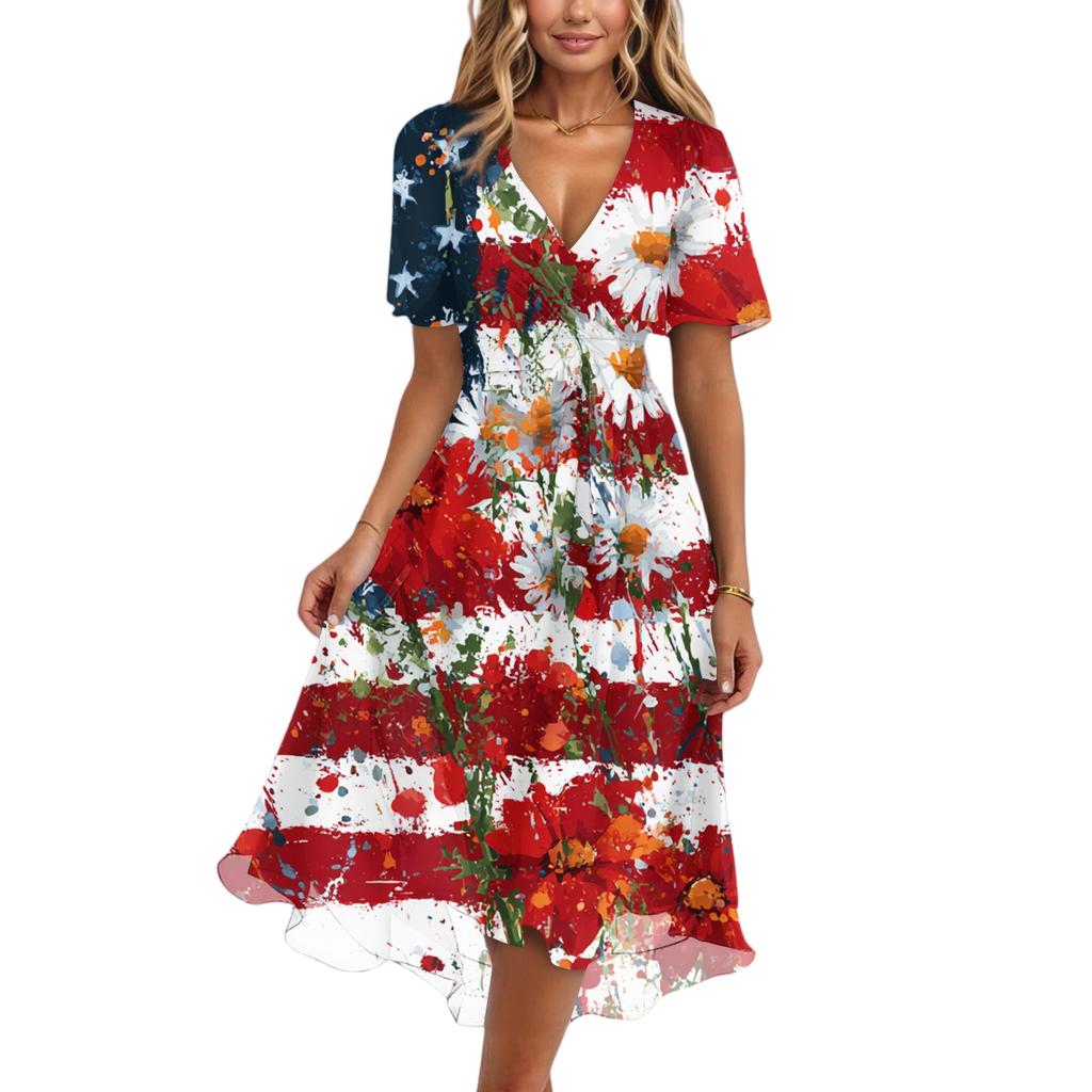 Women's Fashionable Casual V-neck Short-sleeved Independence Day Printed Dress