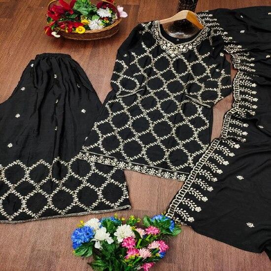 Elegant Black Embroidered Sharara Suit with Intricate Work