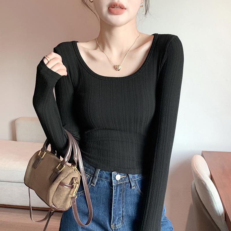 

3 New big t-shirt women s bottoming shirt long-sleeved top low-necked inner slim-fitting women s spring M чёрный