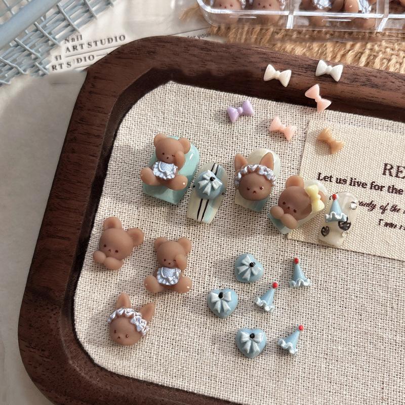 10Pcs Apron Bear Nail Accessories Cute Cartoon 3D Bowknot Wear Nail Drill Decoration Nail Art Charms Diy Manicure