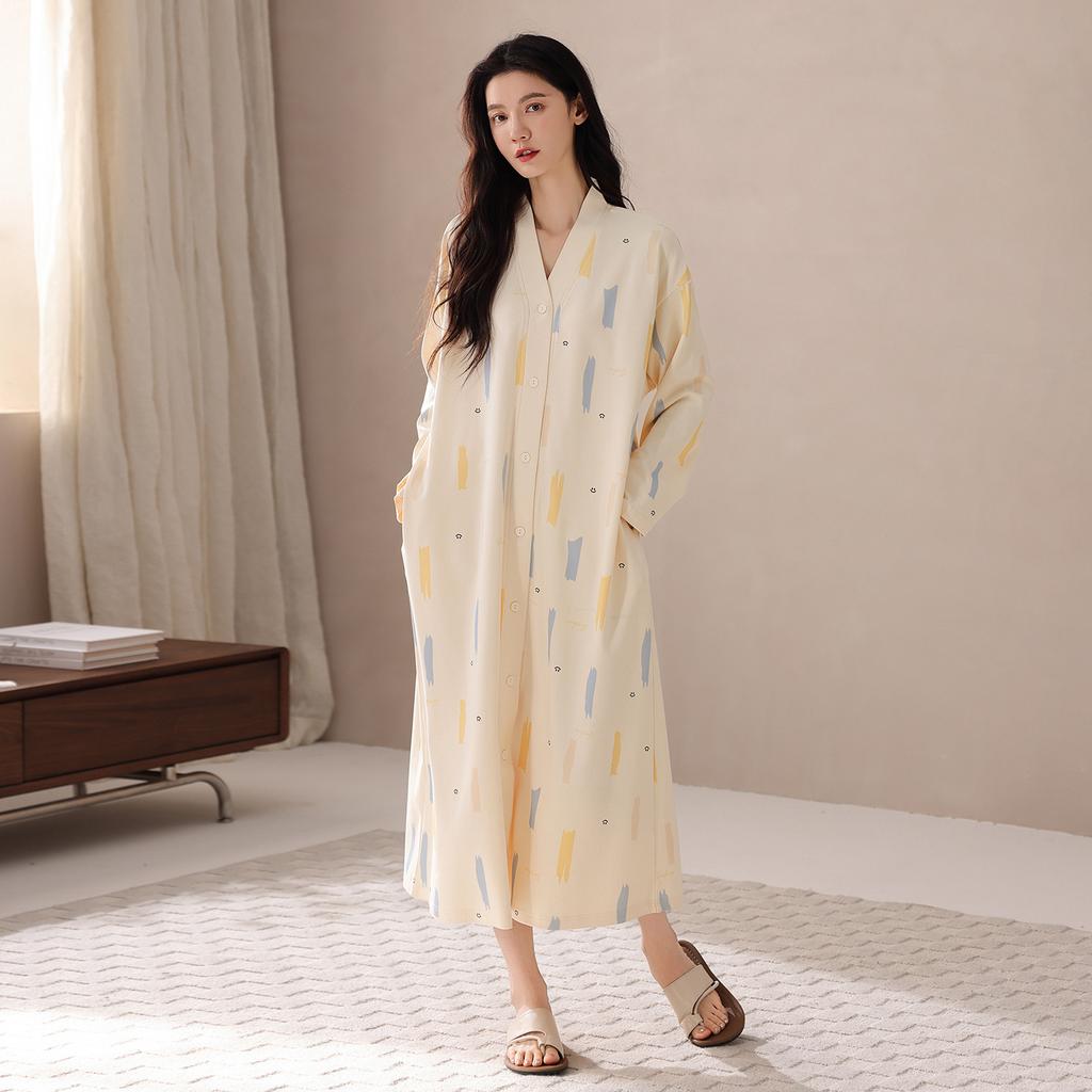 Pure Cotton Nightgown Women'S Spring And Autumn Cartoon Cute Long-Sleeved Long Pajamas Skirt Can Be Worn Outside Loungewear