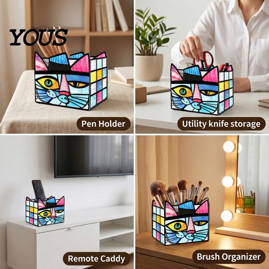 Multi Purpose Desktop Organizer Stained Glass Style Pen Holder, Unique Acrylic Organizer, 3D Exquisite Art Ornament Embossed Relief Pattern