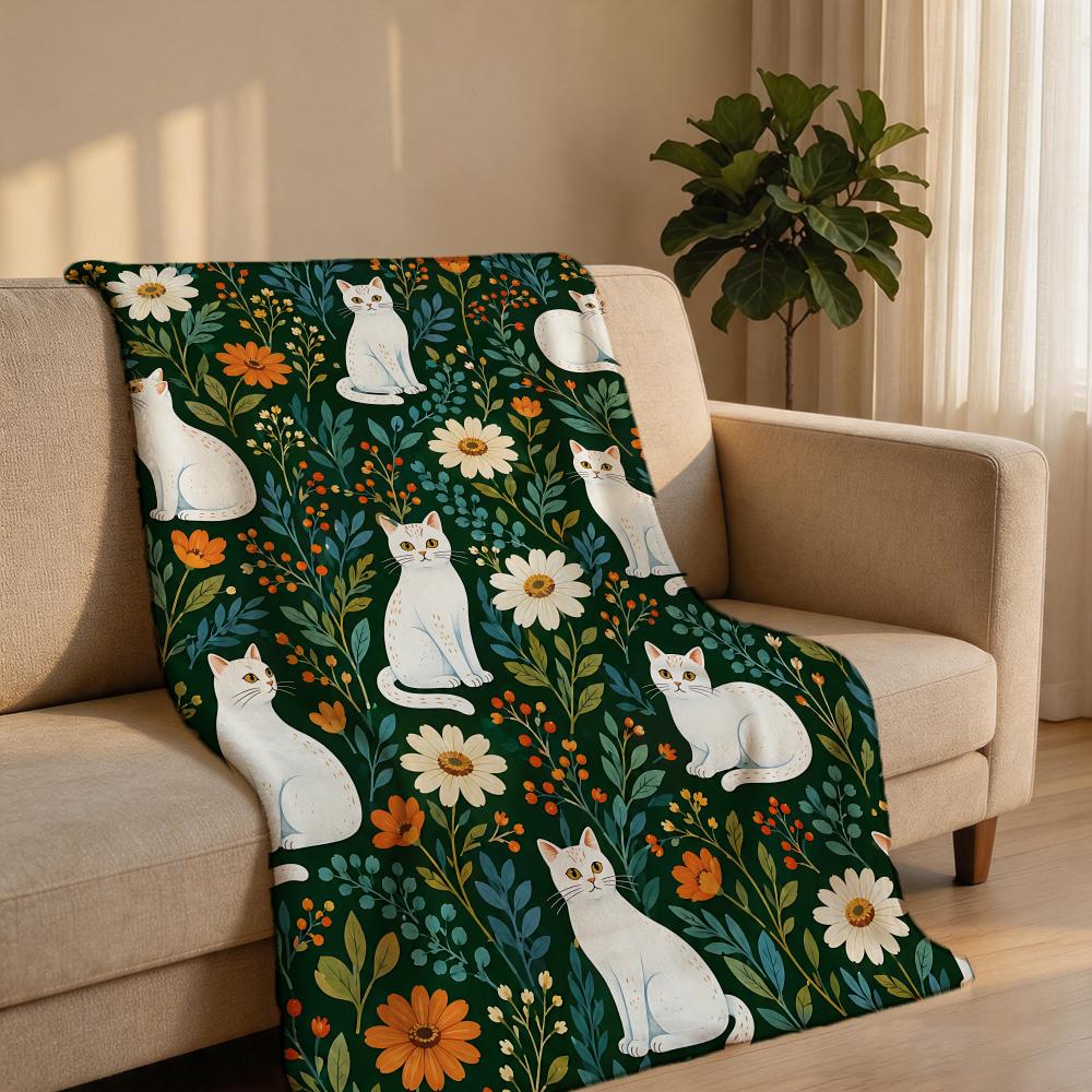 VintageBlumenWeißerKatze Überwurf Kurzer Plüsch Überwurf Weich Hautfreundlich Mehrere Szenen Home Office