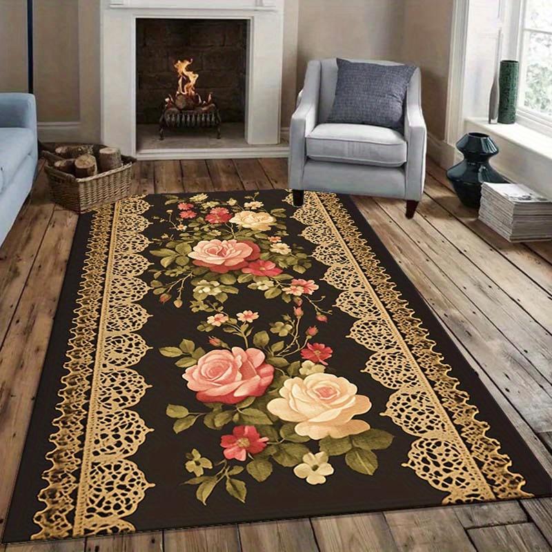 

Elegant Black Floral Rug with Rose Design for Living Room Decor Home Furnishing, Area Rugs Luxury Interior Skid resistant carpet 40cm x 60cm