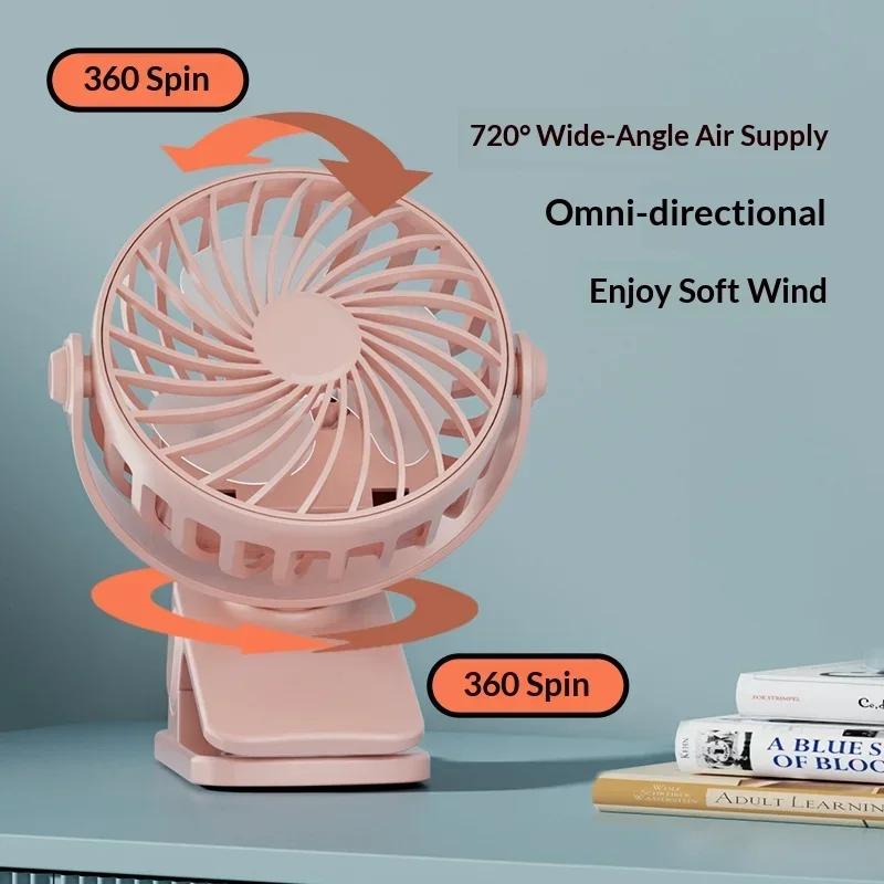 New 1 Pcs Portable Mini Cooler Fan USB Rechargeable 720°Rotatable Clip Fan Built In Night Lamp Personal Fan For Outdoor Camping