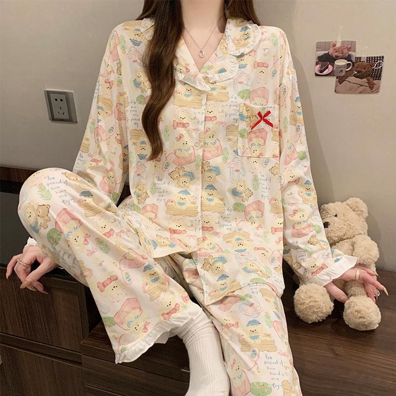 Small fresh women's pajamas spring and autumn sweet lace imitation cotton long-sleeved cartoon bow loungewear set
