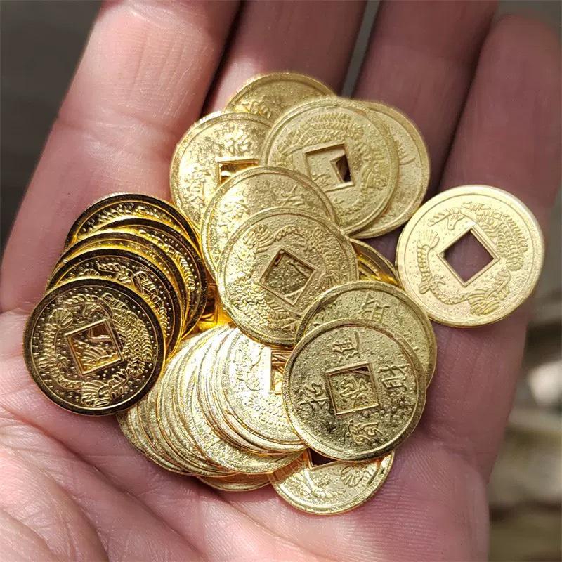 Golden Dragon and Phoenix Copper Coin: 2cm Treasure-Attracting Alloy Decor for Wealth Bowls and Living Room Enhancements.