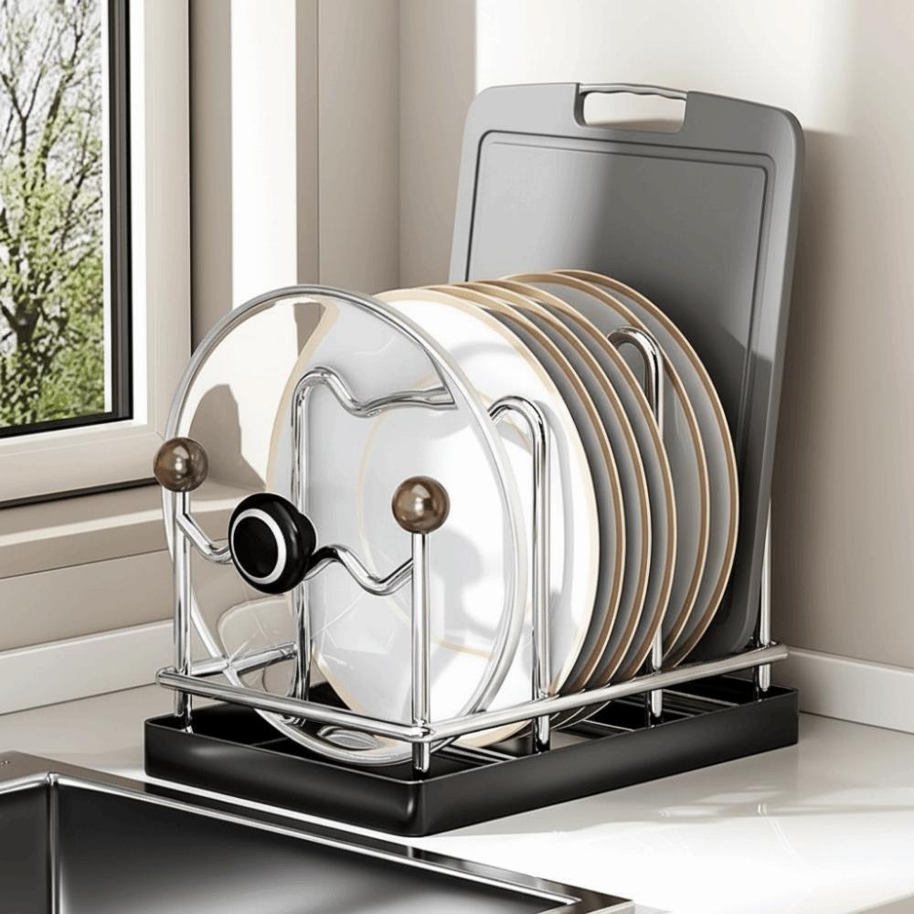 Practical Multi Layer Pot Lid Storage Rack Rustproof Vertical Cutting Board Holder Drain Large Capacity Pot Lid Holder Cabinet