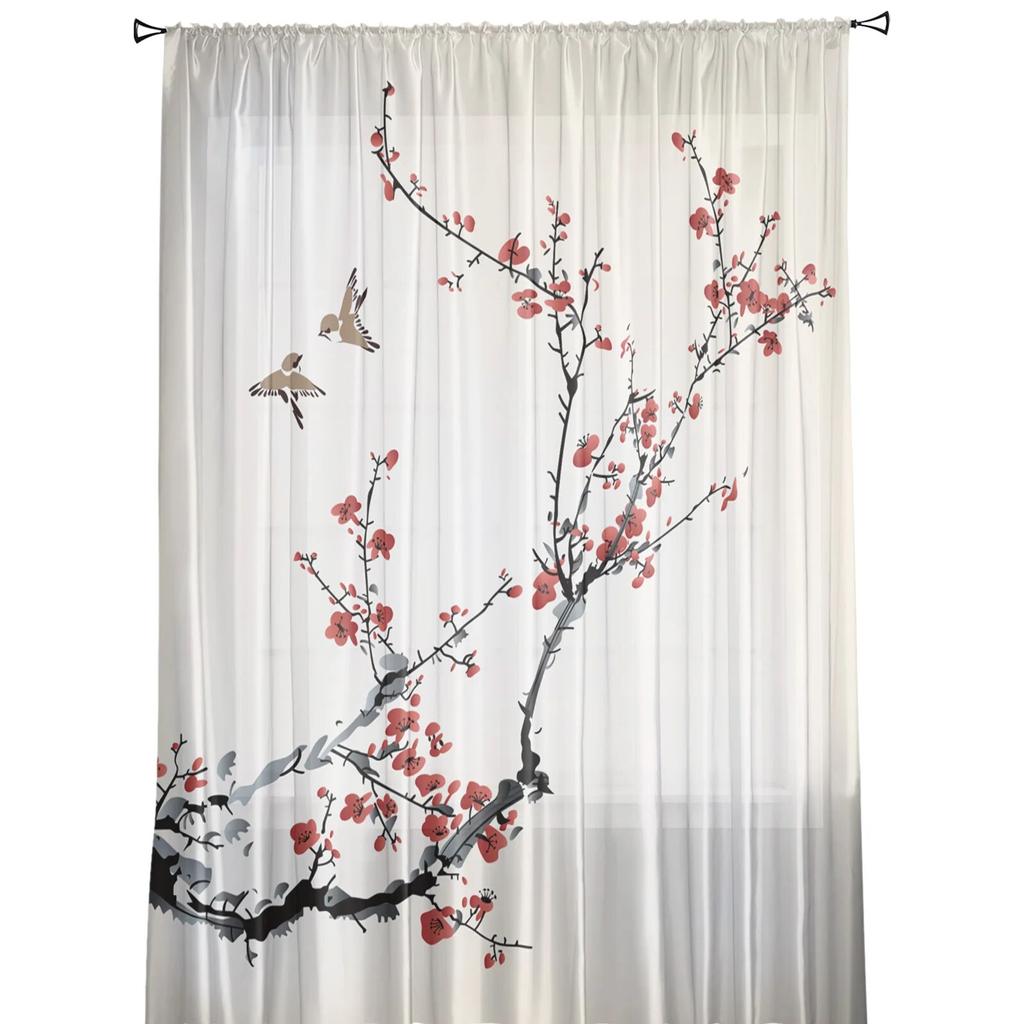 Plum Blossom Branch Bird Ink Painting Modern Tulle Curtains For Living Room Bedroom Home Kitchen Window Sheer Curtains