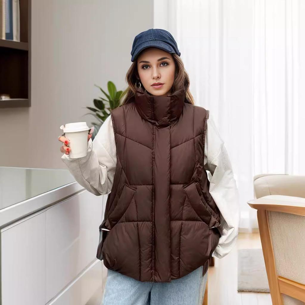 GMXIA Damskie Vintage Casual Jednokolorowe z Nadrukiem Jesień Zima Bez Rękawów Stójka Kurtki i Płaszcze