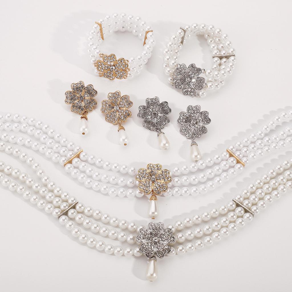 Tooxika French Temperament Flowers And Diamonds Accessories White Pearl Earrings Necklace Bracelet Set Of Three Bridal Jewellery
