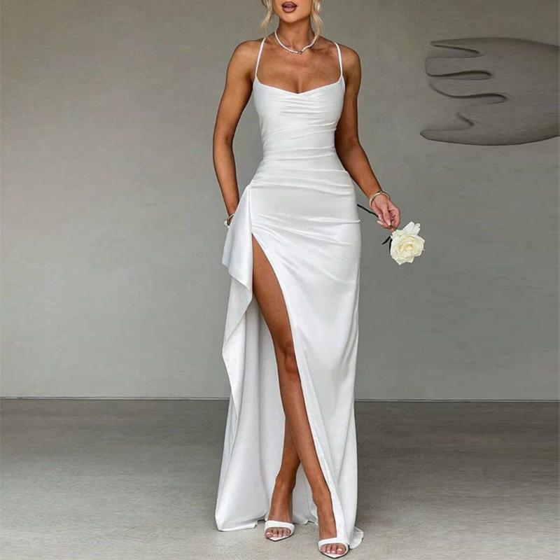 

Spring new women s clothing, Europe, America, fashionable and elegant solid color split suspender dress S