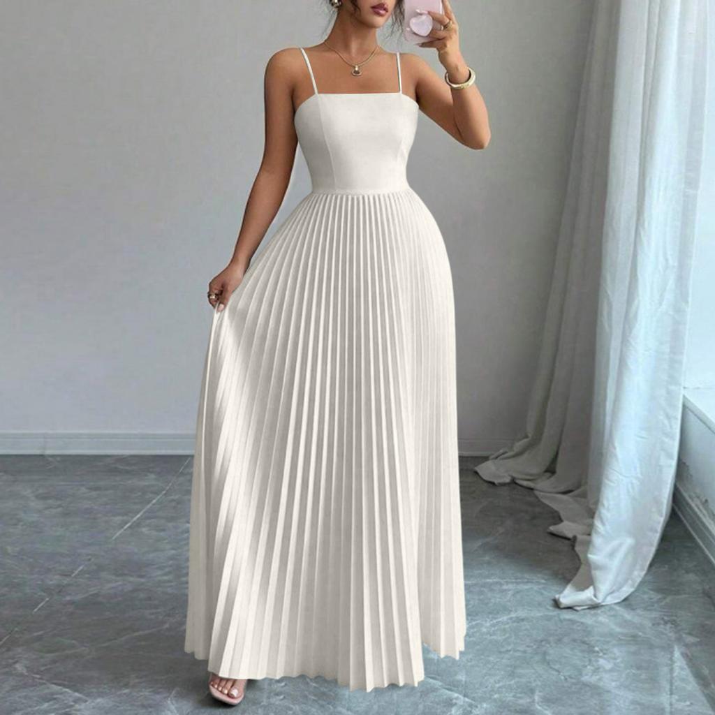 Vestido largo de color plisado con cintura ajustada y tirantes finos para mujer para salir por la noche