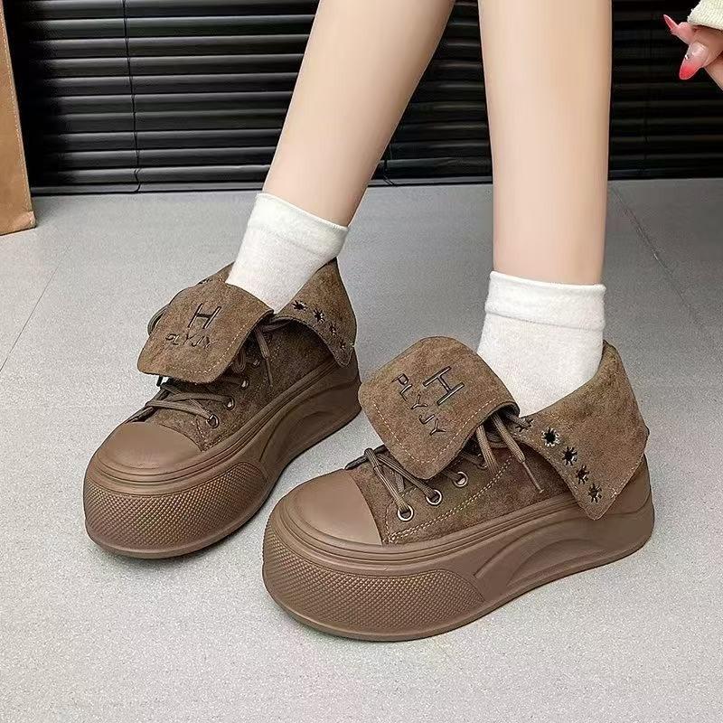 

Retro soft-soled lapel lace-up thick-soled high-top shoes women s Martin boots new small height-increasing casual shoes 35 хаки