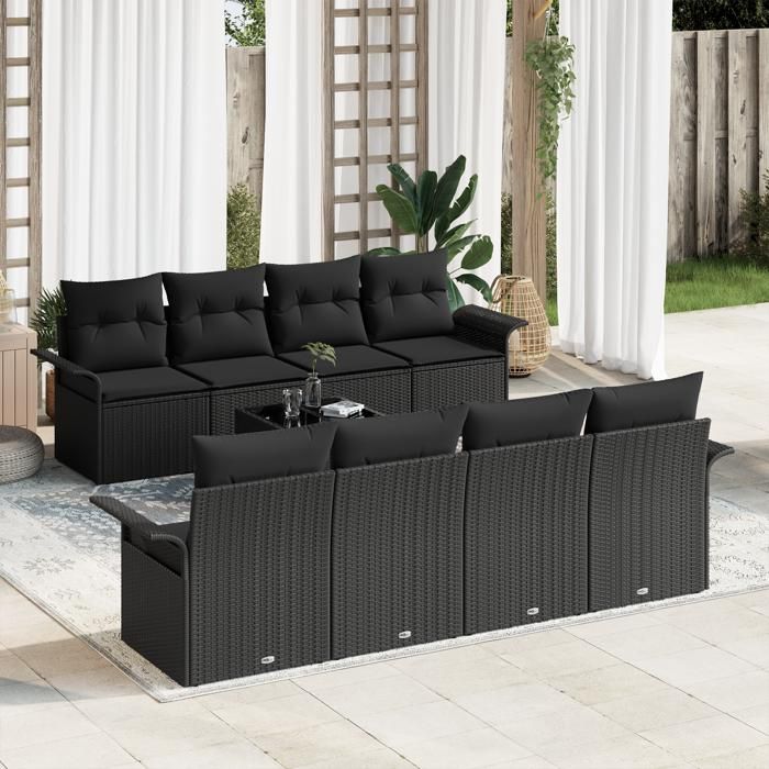 VidaXL Ensemble de canapé de jardin 9 pièces avec coussins noirs en poly rotin 3345293