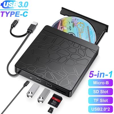5-in-1 USB 3.0 Type-C CD DVD ROM +/-RW Burner Writer Reader, Slim Portable Optical Disk Drive CD DVD Player