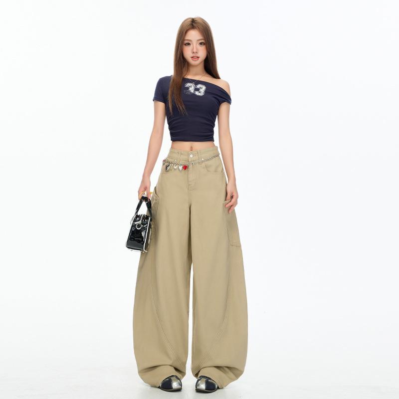 Autumn Khaki Scimitar High-Street Drapey Wide-Leg Jeans for Women