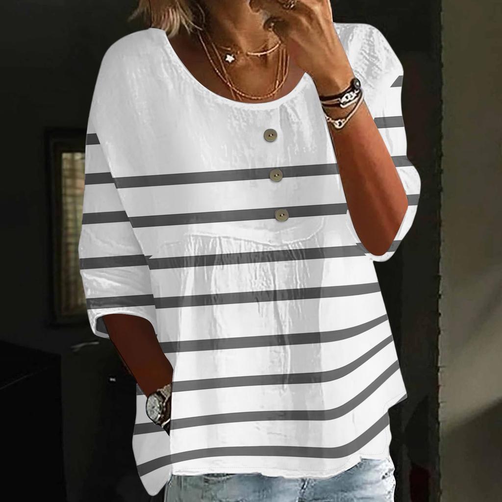 Damen Casual Mode Dreiviertelarm Locker Rundhals Knopf Karoprint Oberteil