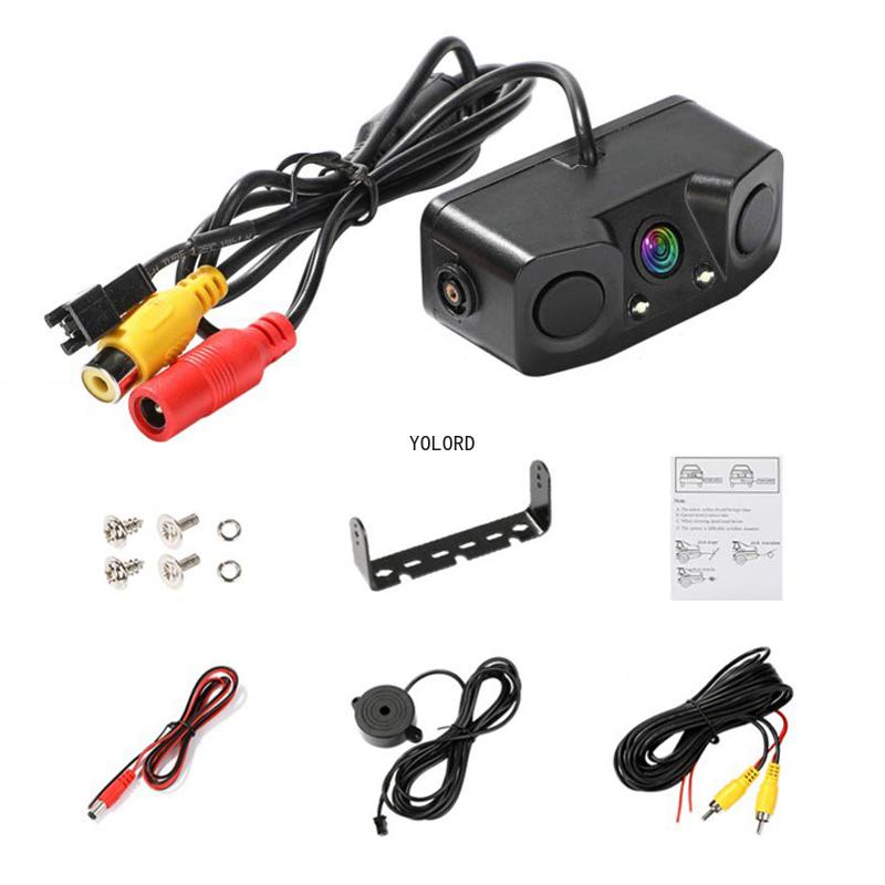 Universal HD Car Rear View Camera 3 In 1 Parking Radar Detector Sensor Waterproof Night Vision LED Light