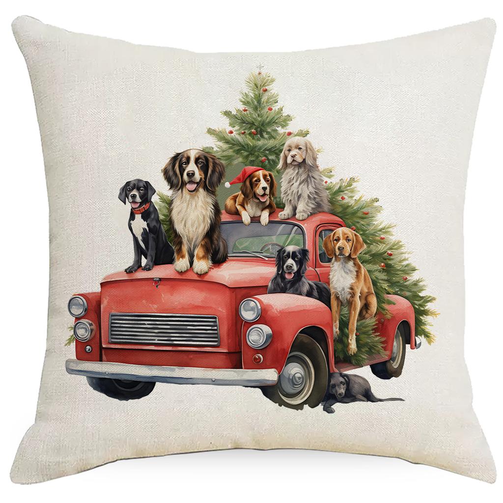 New Christmas Pillowcase Vintage Red Truck Cute Dog Christmas Tree Print Cushion Cover