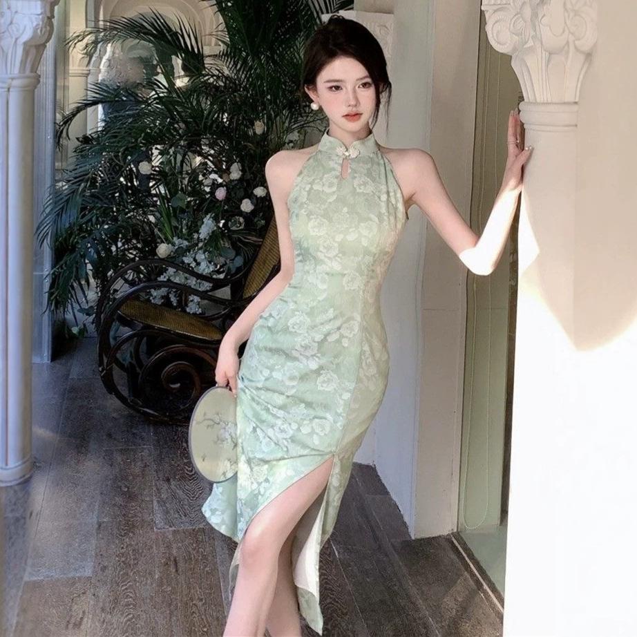 New Chinese Style Cool Green Improved Cheongsam Summer Sexy Style Sleeveless Dress Women