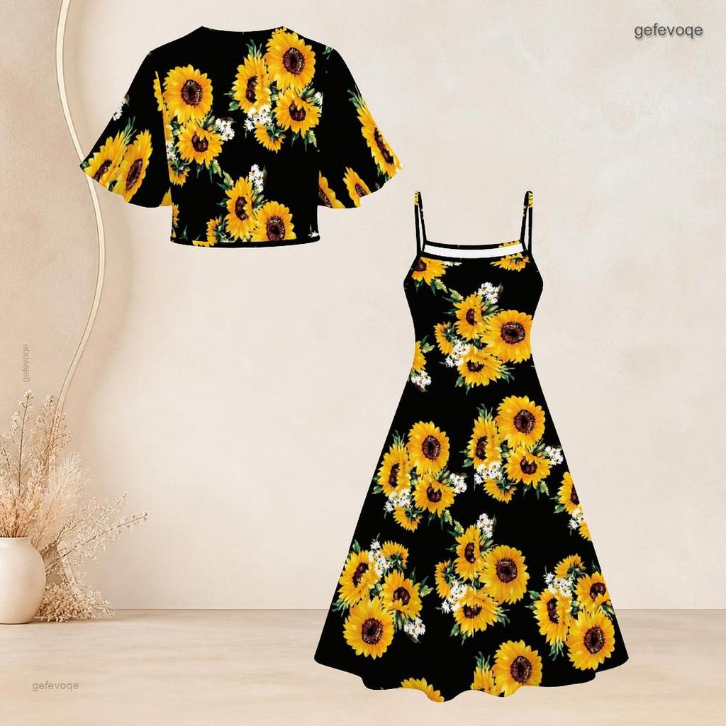 Women Plus Size Two Piece Set American Flag Printed Batwing Sleeve Cropped Shrug Strappy Flared Dress