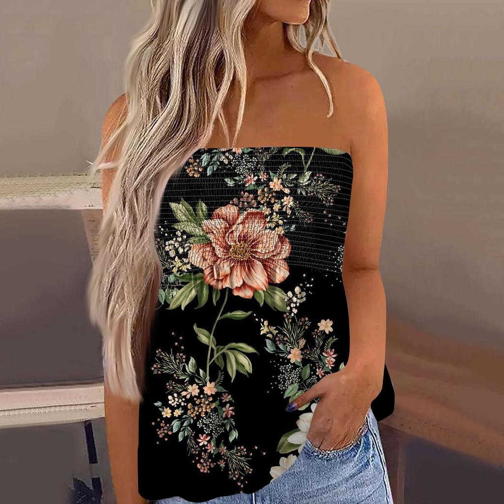 2024 Tílka pro ženy, Roztomilé Sexy Odhalené rameno Květinový potisk Bez rukávů Tričko