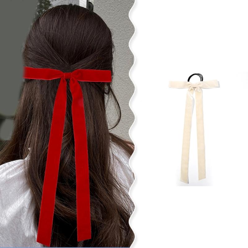 Elegant Skinny Hair Bows with Long Tassels Tails Ribbon Hair Scrunchie for Women and Girls for Fall Winter Outfits